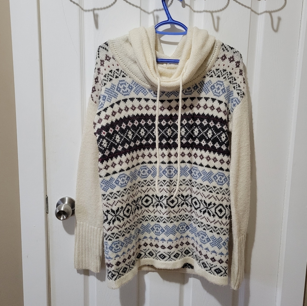 White nordic print knit cowl neck hoodie sweater Wind River Outfitting Co. XS